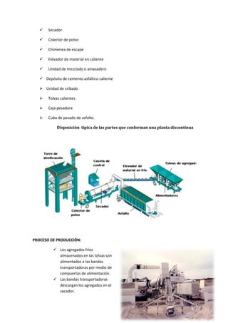 

Secador



Colector de polvo



Chimenea de escape



Elevador de material en caliente



Unidad de mezclado o amasadero

 Depósito de cemento asfáltico caliente
 Unidad de cribado


Tolvas calientes



Caja pesadora



Cuba de pesado de asfalto.
Disposición típica de las partes que conforman una planta discontinua

PROCESO DE PRODUCCIÓN:
 Los agregados fríos
almacenados en las tolvas son
alimentados a las bandas
transportadoras por medio de
compuertas de alimentación.
 Las bandas transportadoras
descargan los agregados en el
secador.

 