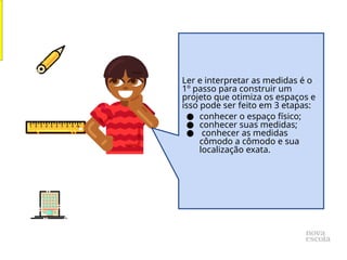 Ler e interpretar as medidas é o
1º passo para construir um
projeto que otimiza os espaços e
isso pode ser feito em 3 etapas:
● conhecer o espaço físico;
● conhecer suas medidas;
● conhecer as medidas
cômodo a cômodo e sua
localização exata.
 