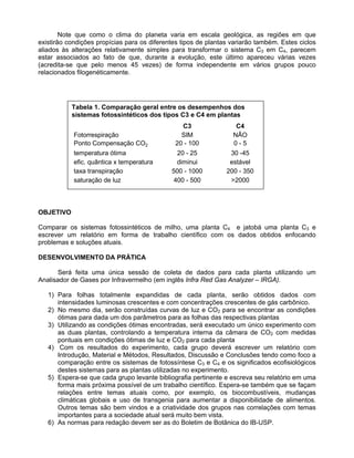 Note que como o clima do planeta varia em escala geológica, as regiões em que
existirão condições propícias para os diferentes tipos de plantas variarão também. Estes ciclos
aliados às alterações relativamente simples para transformar o sistema C3 em C4, parecem
estar associados ao fato de que, durante a evolução, este último apareceu várias vezes
(acredita-se que pelo menos 45 vezes) de forma independente em vários grupos pouco
relacionados filogenéticamente.
OBJETIVO
Comparar os sistemas fotossintéticos de milho, uma planta C4 e jatobá uma planta C3 e
escrever um relatório em forma de trabalho científico com os dados obtidos enfocando
problemas e soluções atuais.
DESENVOLVIMENTO DA PRÁTICA
Será feita uma única sessão de coleta de dados para cada planta utilizando um
Analisador de Gases por Infravermelho (em inglês Infra Red Gas Analyzer – IRGA).
1) Para folhas totalmente expandidas de cada planta, serão obtidos dados com
intensidades luminosas crescentes e com concentrações crescentes de gás carbônico.
2) No mesmo dia, serão construídas curvas de luz e CO2 para se encontrar as condições
ótimas para dada um dos parâmetros para as folhas das respectivas plantas
3) Utilizando as condições ótimas encontradas, será executado um único experimento com
as duas plantas, controlando a temperatura interna da câmara de CO2 com medidas
pontuais em condições ótimas de luz e CO2 para cada planta
4) Com os resultados do experimento, cada grupo deverá escrever um relatório com
Introdução, Material e Métodos, Resultados, Discussão e Conclusões tendo como foco a
comparação entre os sistemas de fotossíntese C3 e C4 e os significados ecofisiológicos
destes sistemas para as plantas utilizadas no experimento.
5) Espera-se que cada grupo levante bibliografia pertinente e escreva seu relatório em uma
forma mais próxima possível de um trabalho científico. Espera-se também que se façam
relações entre temas atuais como, por exemplo, os biocombustíveis, mudanças
climáticas globais e uso de transgenia para aumentar a disponibilidade de alimentos.
Outros temas são bem vindos e a criatividade dos grupos nas correlações com temas
importantes para a sociedade atual será muito bem vista.
6) As normas para redação devem ser as do Boletim de Botânica do IB-USP.
Tabela 1. Comparação geral entre os desempenhos dos
sistemas fotossintéticos dos tipos C3 e C4 em plantas
C3 C4
Fotorrespiração SIM NÃO
Ponto Compensação CO2 20 - 100 0 - 5
temperatura ótima 20 - 25 30 -45
efic. quântica x temperatura diminui estável
taxa transpiração 500 - 1000 200 - 350
saturação de luz 400 - 500 >2000
 