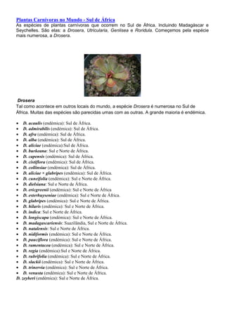 Plantas Carnívoras no Mundo - Sul de África
As espécies de plantas carnívoras que ocorrem no Sul de África. Incluindo Madagáscar e
Seychelles. São elas: a Drosera, Utricularia, Genlisea e Roridula. Começemos pela espécie
mais numerosa, a Drosera.
Drosera
Tal como acontece em outros locais do mundo, a espécie Drosera é numerosa no Sul de
África. Muitas das espécies são parecidas umas com as outras. A grande maioria é endémica.
 D. acaulis (endémica): Sul de África.
 D. admirabilis (endémica): Sul de África.
 D. afra (endémica): Sul de África.
 D. alba (endémica): Sul de África.
 D. aliciae (endémica):Sul de África.
 D. burkeana: Sul e Norte de África.
 D. capensis (endémica): Sul de África.
 D. cistiflora (endémica): Sul de África.
 D. collinsiae (endémica): Sul de África.
 D. aliciae × glabripes (endémica): Sul de África.
 D. cuneifolia (endémica): Sul e Norte de África.
 D. dielsiana: Sul e Norte de África.
 D. ericgreenii (endémica): Sul e Norte de África
 D. esterhuyseniae (endémica): Sul e Norte de África.
 D. glabripes (endémica): Sul e Norte de África.
 D. hilaris (endémica): Sul e Norte de África.
 D. indica: Sul e Norte de África.
 D. longiscapa (endémica): Sul e Norte de África.
 D. madagascariensis: Suazilândia, Sul e Norte de África.
 D. natalensis: Sul e Norte de África.
 D. nidiformis (endémica): Sul e Norte de África.
 D. pauciflora (endémica): Sul e Norte de África.
 D. ramentacea (endémica): Sul e Norte de África.
 D. regia (endémica):Sul e Norte de África.
 D. rubrifolia (endémica): Sul e Norte de África.
 D. slackii (endémica): Sul e Norte de África.
 D. trinervia (endémica): Sul e Norte de África.
 D. venusta (endémica): Sul e Norte de África.
D. zeyheri (endémica): Sul e Norte de África.
 