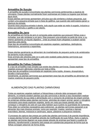 Armadilha De Sucção
A armadilha de sucção é encontrada nas plantas carnívoras pertencentes a espécie de
utricularia. Essas plantas normalmente ficam submersas em brejos ou lugares que tenham
água doce.
Essas plantas carnívoras apresentam utrículos que são similares a bolsas pequenas, que
contem uma pequena entrada que é cheia de gatilhos, que quando são estimulados geram a
abertura da entrada.
Quando essa pequena entrada é aberta, tudo aquilo que estar ao redor é sugado, inclusive a
presa que estimulou o gatilho a ser aberto.
Armadilha De Jarro
As armadilhas em forma de jarro é composta pelas espécies que possuem folhas ocas e
inchadas, que são similares a um jarro. Elas possuem uma entrada na parte de cima, e no
interior apresenta um liquido digestivo , onde as presas ficam afogadas e acabam sendo
digeridas pela planta.
Esse tipo de armadilha é encontrada em espécies vegetais: cephalotus, darlingtonia,
heliamphora, sarracenia e nepenthes.
Essas plantas geralmente se alimentam de invertebrados de pequeno porte e de vertebrados
de tamanho muito reduzido.
Esse animais são atraídos pela cor e pelo odor exalado pelas plantas carnívoras que
apresentam esse tipo de armadilha.
Armadilha De Folhas Colantes
É o tipo de armadilha mais simples que existe das plantas carnívoras. Essas espécies
vegetais possuem glândulas colantes por toda a folha.
Esse tipo de armadilha é encontrada em espécies como byblis, drosera, drosophyllum,
ibicella e triphyophyllum.
Geralmente, as plantas carnívoras que apresentam esse tipo de armadilha se alimentam de
insetos voadores de pequeno porte.
ALIMENTAÇÃO DAS PLANTAS CARNÍVORAS
Todas as espécies vegetais realizam a fotossíntese e através dela conseguem obter
alimento, no entanto existem plantas que são carnívoras e devido a isso necessitam realizar
um complemento da sua dieta e alimentação com o consumo de proteínas de origem animal.
As proteínas obtidas pelas plantas carnívoras, advindas de origem animal, geram o nitrogênio
necessário para essas espécies vegetais, tendo em vista que essas plantas não irão
conseguir o nitrogênio do solo em que elas habitam que é pobre na quantidade de nutrientes.
Para obter os nutrientes necessários para sobreviver, as plantas carnívoras passaram a se
alimentar dos mais diversos animais, como por exemplo: insetos, aranhas e demais
aracnídeos, lesmas, moluscos e caramujos, sapos, pássaros e pequenos roedores.
O processo de captura das presas por parte das plantas carnívoras é de grande importância,
e essas plantas formam armadilhas através da modificação de suas folhas. Após a captura,
as plantas carnívoras digerem as suas presas através de enzimas que fazem a quebra do
alimento, transformando o tamanho das presas em substancias pequenas de forma que as
folhas consigam absorver de forma direta.
 