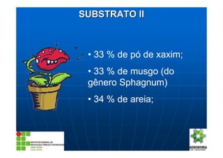 • 33 % de pó de xaxim;
• 33 % de musgo (do
gênero Sphagnum)
• 34 % de areia;
SUBSTRATO IISUBSTRATO II
 
