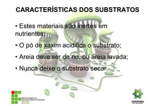 • Estes materiais são inertes em
nutrientes;
• O pó de xaxim acidifica o substrato;
• Areia deve ser de rio, ou areia lavada;
• Nunca deixe o substrato secar.
CARACTERCARACTERÍÍSTICAS DOS SUBSTRATOSSTICAS DOS SUBSTRATOS
 