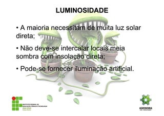 • A maioria necessitam de muita luz solar
direta;
• Não deve-se intercalar locais meia
sombra com insolação direta;
• Pode-se fornecer iluminação artificial.
LUMINOSIDADELUMINOSIDADE
 
