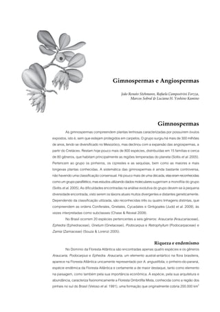 Gimnospermas e Angiospermas

                                              João Renato Stehmann, Rafaela Campostrini Forzza,
                                                    Marcos Sobral & Luciana H. Yoshino Kamino




                                                                       Gimnospermas
           As gimnospermas compreendem plantas lenhosas caracterizadas por possuírem óvulos
expostos, isto é, sem que estejam protegidos em carpelos. O grupo surgiu há mais de 300 milhões
de anos, tendo se diversificado no Mesozóico, mas declinou com a expansão das angiospermas, a
partir do Cretáceo. Restam hoje pouco mais de 800 espécies, distribuídas em 15 famílias e cerca
de 80 gêneros, que habitam principalmente as regiões temperadas do planeta (Soltis et al. 2005).
Pertencem ao grupo os pinheiros, os ciprestes e as sequóias, bem como as maiores e mais
longevas plantas conhecidas. A sistemática das gimnospermas é ainda bastante controversa,
não havendo uma classificação consensual. Há pouco mais de uma década, elas eram reconhecidas
como um grupo parafilético, mas estudos utilizando dados moleculares sugeriram a monofilia do grupo
(Soltis et al. 2005). As dificuldades encontradas na análise evolutiva do grupo devem-se à pequena
diversidade encontrada, visto serem os táxons atuais muitos divergentes e distantes geneticamente.
Dependendo da classificação utilizada, são reconhecidas três ou quatro linhagens distintas, que
compreendem as ordens Coniferales, Gnetales, Cycadales e Ginkgoales (Judd et al. 2009), às
vezes interpretadas como subclasses (Chase & Reveal 2009).
           No Brasil ocorrem 20 espécies pertencentes a seis gêneros: Araucaria (Araucariaceae),
Ephedra (Ephedraceae), Gnetum (Gnetaceae), Podocarpus e Retrophyllum (Podocarpaceae) e
Zamia (Zamiaceae) (Souza & Lorenzi 2005).

                                                                    Riqueza e endemismo
         No Domínio da Floresta Atlântica são encontradas apenas quatro espécies e os gêneros
Araucaria, Podocarpus e Ephedra. Araucaria, um elemento austral-antártico na flora brasileira,
aparece na Floresta Atlântica unicamente representado por A. angustifolia, o pinheiro-do-paraná,
espécie endêmica da Floresta Atlântica e certamente a de maior destaque, tanto como elemento
na paisagem, como também pela sua importância econômica. A espécie, pela sua arquitetura e
abundância, caracteriza fisionomicamente a Floresta Ombrófila Mista, conhecida como a região dos
pinhais no sul do Brasil (Veloso et al. 1991), uma formação que originalmente cobria 200.000 km2
 