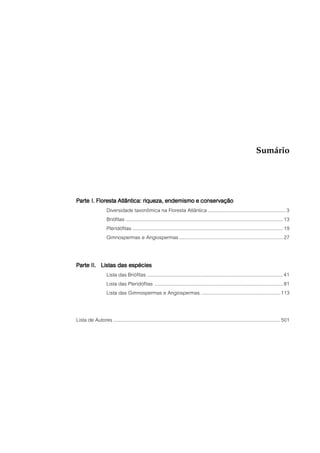 Sumário




Parte I. Floresta Atlântica: riqueza, endemismo e conservação
                    Diversidade taxonômica na Floresta Atlântica .........................................................3
                    Briófitas ................................................................................................................... 13
                    Pteridófitas .............................................................................................................. 19
                    Gimnospermas e Angiospermas ............................................................................ 27


Parte II. Listas das espécies
                    Lista das Briófitas ................................................................................................... 41
                    Lista das Pteridófitas .............................................................................................. 81
                    Lista das Gimnospermas e Angiospermas .......................................................... 113


Lista de Autores .......................................................................................................................... 501
 