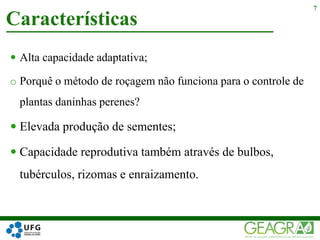  Alta capacidade adaptativa;
o Porquê o método de roçagem não funciona para o controle de
plantas daninhas perenes?
 Elevada produção de sementes;
 Capacidade reprodutiva também através de bulbos,
tubérculos, rizomas e enraizamento.
Características
7
 