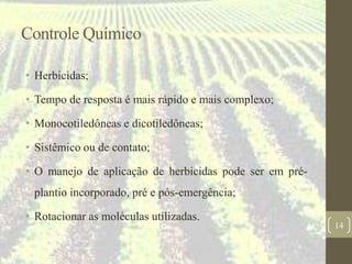 Controle Químico
• Herbicidas;
• Tempo de resposta é mais rápido e mais complexo;
• Monocotiledôneas e dicotiledôneas;
• Sistêmico ou de contato;
• O manejo de aplicação de herbicidas pode ser em pré-
plantio incorporado, pré e pós-emergência;
• Rotacionar as moléculas utilizadas.
14
 