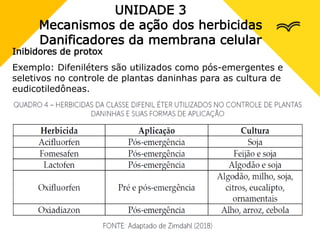 UNIDADE 3
Mecanismos de ação dos herbicidas
Danificadores da membrana celular
Inibidores de protox
Exemplo: Difeniléters são utilizados como pós-emergentes e
seletivos no controle de plantas daninhas para as cultura de
eudicotiledôneas.
 