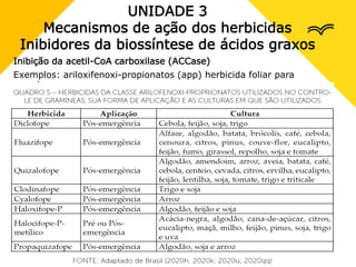 UNIDADE 3
Mecanismos de ação dos herbicidas
Inibidores da biossíntese de ácidos graxos
Inibição da acetil-CoA carboxilase (ACCase)
Exemplos: ariloxifenoxi-propionatos (app) herbicida foliar para
gramíneas
 