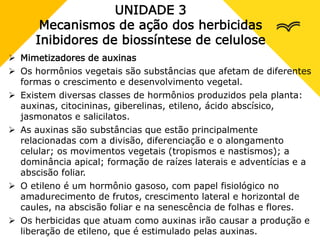 UNIDADE 3
Mecanismos de ação dos herbicidas
Inibidores de biossíntese de celulose
 Mimetizadores de auxinas
 Os hormônios vegetais são substâncias que afetam de diferentes
formas o crescimento e desenvolvimento vegetal.
 Existem diversas classes de hormônios produzidos pela planta:
auxinas, citocininas, giberelinas, etileno, ácido abscísico,
jasmonatos e salicilatos.
 As auxinas são substâncias que estão principalmente
relacionadas com a divisão, diferenciação e o alongamento
celular; os movimentos vegetais (tropismos e nastismos); a
dominância apical; formação de raízes laterais e adventícias e a
abscisão foliar.
 O etileno é um hormônio gasoso, com papel fisiológico no
amadurecimento de frutos, crescimento lateral e horizontal de
caules, na abscisão foliar e na senescência de folhas e flores.
 Os herbicidas que atuam como auxinas irão causar a produção e
liberação de etileno, que é estimulado pelas auxinas.
 