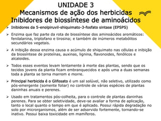 UNIDADE 3
Mecanismos de ação dos herbicidas
Inibidores de biossíntese de aminoácidos
 Inibidores da 5-enolpiruvil-shiquimato-3-fosfato sintase (EPSPS)
 Enzima que faz parte da rota de biossíntese dos aminoácidos aromáticos:
fenilalanina, triptofano e tirosina; e também de inúmeros metabólitos
secundários vegetais.
 A inibição dessa enzima causa o acúmulo de shiquimato nas células e inibição
da biossíntese de proteínas, auxinas, lignina, flavonoides, fenólicos e
alcaloides.
 Todos esses eventos levam lentamente à morte das plantas, sendo que os
tecidos jovens da planta ficam embranquecidos e após uma a duas semanas
toda a planta se torna marrom e morre.
 Principal herbicida é o Glifosato é um sal solúvel, não seletivo, utilizado como
pós-emergente (somente foliar) no controle de várias espécies de plantas
daninhas anuais e perenes.
 Usado em tratamentos pós-colheita, para o controle de plantas daninhas
perenes. Para se obter seletividade, deve-se avaliar a forma de aplicação,
tanto o local quanto o tempo em que é aplicado. Possui rápida degradação no
solo por microrganismos, além de ser adsorvido fortemente, tornando-se
inativo. Possui baixa toxicidade em mamíferos.
 