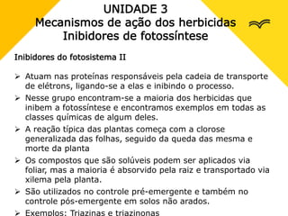 UNIDADE 3
Mecanismos de ação dos herbicidas
Inibidores de fotossíntese
Inibidores do fotosistema II
 Atuam nas proteínas responsáveis pela cadeia de transporte
de elétrons, ligando-se a elas e inibindo o processo.
 Nesse grupo encontram-se a maioria dos herbicidas que
inibem a fotossíntese e encontramos exemplos em todas as
classes químicas de algum deles.
 A reação típica das plantas começa com a clorose
generalizada das folhas, seguido da queda das mesma e
morte da planta
 Os compostos que são solúveis podem ser aplicados via
foliar, mas a maioria é absorvido pela raiz e transportado via
xilema pela planta.
 São utilizados no controle pré-emergente e também no
controle pós-emergente em solos não arados.
 Exemplos: Triazinas e triazinonas
 
