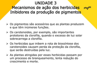 UNIDADE 3
Mecanismos de ação dos herbicidas
Inibidores da produção de pigmentos
 Os pigmentos são acessórios que as plantas produzem
e que têm inúmeras funções.
 Os carotenoides, por exemplo, são importantes
protetores da clorofila, quando o excesso de luz solar
sobrecarrega a clorofila.
 Os herbicidas que inibem a rota de biossíntese dos
carotenoides causam perda da proteção da clorofila,
que serão destruídas pela luz.
 As plantas atingidas por esses herbicidas passam por
um processo de branqueamento, lenta redução do
crescimento e morte.
 
