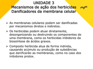 UNIDADE 3
Mecanismos de ação dos herbicidas
Danificadores da membrana celular
 As membranas celulares podem ser danificadas
por mecanismos diretos e indiretos.
 Os herbicidas podem atuar diretamente,
desorganizando ou destruindo os componentes de
uma membrana, como os herbicidas inibidores da
biossíntese de ácidos graxos.
 Composto herbicida atua de forma indireta,
causando acúmulo ou produção de substâncias
que danificarão as membranas, como no caso dos
inibidores protox.
 