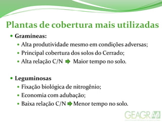 Plantas de cobertura mais utilizadas
 Gramíneas:
 Alta produtividade mesmo em condições adversas;
 Principal cobertura dos solos do Cerrado;
 Alta relação C/N Maior tempo no solo.
 Leguminosas
 Fixação biológica de nitrogênio;
 Economia com adubação;
 Baixa relação C/N Menor tempo no solo.
 