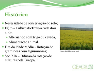 Histórico
 Necessidade de conservação do solo;
 Egito – Cultivo do Trevo a cada dois
anos:
 Alternando com trigo ou cevada;
 Alimentação animal.
 Fim da Idade Média – Rotação de
gramíneas com leguminosas;
 Séc. XIX – Difusão da rotação de
culturas pela Europa.
Fonte: Rural Pecuária, 2016.
 