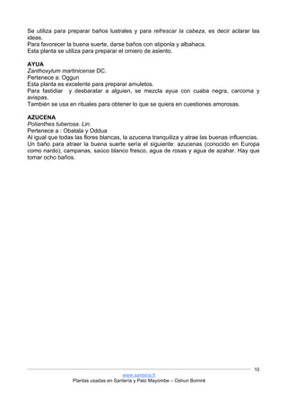 www.santeria.fr
Plantas usadas en Santería y Palo Mayombe – Oshun Bomiré
10
Se utiliza para preparar baños lustrales y para refrescar la cabeza, es decir aclarar las
ideas.
Para favorecer la buena suerte, darse baños con atiponla y albahaca.
Esta planta se utiliza para preparar el omiero de asiento.
AYUA
Zanthoxylum martinicense DC.
Pertenece a: Oggun
Esta planta es excelente para preparar amuletos.
Para fastidiar y desbaratar a alguien, se mezcla ayua con cuaba negra, carcoma y
avispas.
También se usa en rituales para obtener lo que se quiera en cuestiones amorosas.
AZUCENA
Polianthes tuberosa. Lin.
Pertenece a : Obatala y Oddua
Al igual que todas las flores blancas, la azucena tranquiliza y atrae las buenas influencias.
Un baño para atraer la buena suerte sería el siguiente: azucenas (conocido en Europa
como nardo), campanas, saúco blanco fresco, agua de rosas y agua de azahar. Hay que
tomar ocho baños.
 