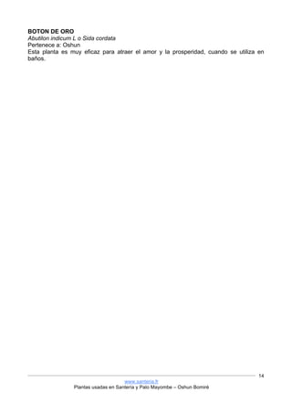 www.santeria.fr
Plantas usadas en Santería y Palo Mayombe – Oshun Bomiré
14
BOTON DE ORO
Abutilon indicum L o Sida cordata
Pertenece a: Oshun
Esta planta es muy eficaz para atraer el amor y la prosperidad, cuando se utiliza en
baños.
 