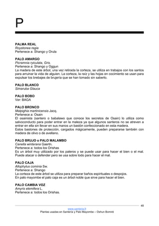www.santeria.fr
Plantas usadas en Santería y Palo Mayombe – Oshun Bomiré
48
P
PALMA REAL
Roystonea regia
Pertenece a: Shango y Orula
PALO AMARGO
Picramnia ryiculata, Gris.
Pertenece a: Shango y Oggun
La madera de este árbol, una vez retirada la corteza, se utiliza en trabajos con los santos
para arruinar la vida de alguien. La corteza, la raíz y las hojas en cocimiento se usan para
expulsar los brebajes de brujería que se han tomado sin saberlo.
PALO BLANCO
Simaruba Glauca
PALO BOBO
Ver: BAGA
PALO BRONCO
Malpighia martinicensis Jacq.
Pertenece a: Osain
El osainista (santero o babalawo que conoce los secretos de Osain) lo utiliza como
salvoconducto para poder entrar en la maleza ya que algunos santeros no se atreven a
entrar en ella sin llevar en sus manos un bastón confeccionado en esta madera.
Estos bastones de protección, cargados mágicamente, pueden prepararse también con
madera de olivo o de avellano.
PALO BRUJO o PALO MALAMBO
Canella winterana Gaertn.
Pertenece a: todos los Orishas
Es un árbol muy utilizado por los paleros y se puede usar para hacer el bien o el mal.
Puede atacar o defender pero se usa sobre todo para hacer el mal.
PALO CAJA
Allophylus cominia Sw.
Pertenece a: Shango
La corteza de este árbol se utiliza para preparar baños espirituales o despojos.
En palo mayombe el palo caja es un árbol noble que sirve para hacer el bien.
PALO CAMBIA VOZ
Amyris elemifera L.
Pertenece a: todos los Orishas.
 