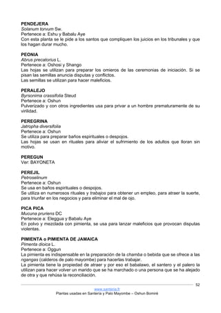 www.santeria.fr
Plantas usadas en Santería y Palo Mayombe – Oshun Bomiré
52
PENDEJERA
Solanum torvum Sw.
Pertenece a: Eshu y Babalu Aye
Con esta planta se le pide a los santos que compliquen los juicios en los tribunales y que
los hagan durar mucho.
PEONIA
Abrus precatorius L.
Pertenece a: Oshosi y Shango
Las hojas se utilizan para preparar los omieros de las ceremonias de iniciación. Si se
pisan las semillas anuncia disputas y conflictos.
Las semillas se utilizan para hacer maleficios.
PERALEJO
Byrsonima crassifolia Steud
Pertenece a: Oshun
Pulverizado y con otros ingredientes usa para privar a un hombre prematuramente de su
virilidad.
PEREGRINA
Jatropha diversifolia
Pertenece a: Oshun
Se utiliza para preparar baños espirituales o despojos.
Las hojas se usan en rituales para aliviar el sufrimiento de los adultos que lloran sin
motivo.
PEREGUN
Ver: BAYONETA
PEREJIL
Petroselinum
Pertenece a: Oshun
Se usa en baños espirituales o despojos.
Se utiliza en numerosos rituales y trabajos para obtener un empleo, para atraer la suerte,
para triunfar en los negocios y para eliminar el mal de ojo.
PICA PICA
Mucuna pruriens DC
Pertenece a: Eleggua y Babalu Aye
En polvo y mezclada con pimienta, se usa para lanzar maleficios que provocan disputas
violentas.
PIMIENTA o PIMIENTA DE JAMAICA
Pimenta dioica L.
Pertenece a: Oggun
La pimienta es indispensable en la preparación de la chamba o bebida que se ofrece a las
ngangas (calderos de palo mayombe) para hacerlas trabajar.
La pimienta tiene la propiedad de atraer y por eso el babalawo, el santero y el palero la
utilizan para hacer volver un marido que se ha marchado o una persona que se ha alejado
de otra y que rehúsa la reconciliación.
 