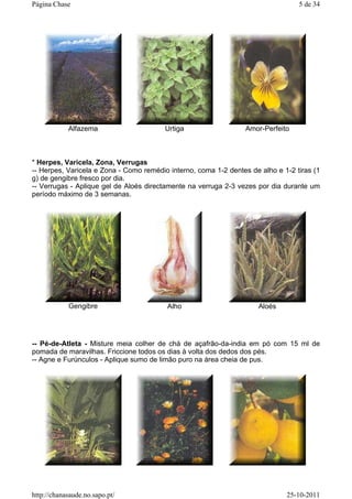 * Herpes, Varicela, Zona, Verrugas
-- Herpes, Varicela e Zona - Como remédio interno, coma 1-2 dentes de alho e 1-2 tiras (1
g) de gengibre fresco por dia.
-- Verrugas - Aplique gel de Aloés directamente na verruga 2-3 vezes por dia durante um
período máximo de 3 semanas.
-- Pé-de-Atleta - Misture meia colher de chá de açafrão-da-india em pó com 15 ml de
pomada de maravilhas. Friccione todos os dias à volta dos dedos dos pés.
-- Agne e Furúnculos - Aplique sumo de limão puro na área cheia de pus.
Alfazema Urtiga Amor-Perfeito
Gengibre Alho Aloés
5 de 34Página Chase
25-10-2011http://chanasaude.no.sapo.pt/
 