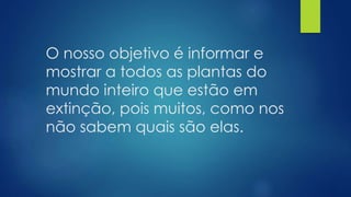 O nosso objetivo é informar e
mostrar a todos as plantas do
mundo inteiro que estão em
extinção, pois muitos, como nos
não sabem quais são elas.
 