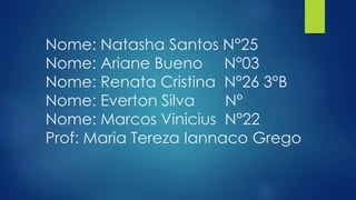 Nome: Natasha Santos N°25
Nome: Ariane Bueno N°03
Nome: Renata Cristina N°26 3°B
Nome: Everton Silva N°
Nome: Marcos Vinicius N°22
Prof: Maria Tereza Iannaco Grego
 