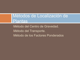 •Método del Centro de Gravedad.
•Método del Transporte.
•Método de los Factores Ponderados
Métodos de Localización de
Plantas
 