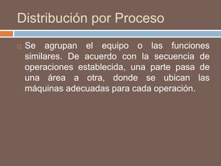 Distribución por Proceso
 Se agrupan el equipo o las funciones
similares. De acuerdo con la secuencia de
operaciones establecida, una parte pasa de
una área a otra, donde se ubican las
máquinas adecuadas para cada operación.
 