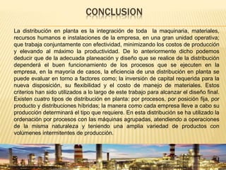 CONCLUSION
La distribución en planta es la integración de toda la maquinaria, materiales,
recursos humanos e instalaciones de la empresa, en una gran unidad operativa;
que trabaja conjuntamente con efectividad, minimizando los costos de producción
y elevando al máximo la productividad. De lo anteriormente dicho podemos
deducir que de la adecuada planeación y diseño que se realice de la distribución
dependerá el buen funcionamiento de los procesos que se ejecuten en la
empresa, en la mayoría de casos, la eficiencia de una distribución en planta se
puede evaluar en torno a factores como; la inversión de capital requerida para la
nueva disposición, su flexibilidad y el costo de manejo de materiales. Estos
criterios han sido utilizados a lo largo de este trabajo para alcanzar el diseño final.
Existen cuatro tipos de distribución en planta: por procesos, por posición fija, por
producto y distribuciones híbridas; la manera como cada empresa lleve a cabo su
producción determinará el tipo que requiere. En esta distribución se ha utilizado la
ordenación por procesos con las máquinas agrupadas, atendiendo a operaciones
de la misma naturaleza y teniendo una amplia variedad de productos con
volúmenes intermitentes de producción.
 
