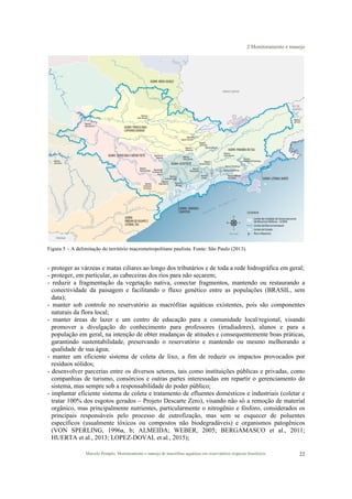 2 Monitoramento e manejo
Marcelo Pompêo. Monitoramento e manejo de macrófitas aquáticas em reservatórios tropicais brasileiros. 22
Figura 5 – A delimitação do território macrometropolitano paulista. Fonte: São Paulo (2013).
- proteger as várzeas e matas ciliares ao longo dos tributários e de toda a rede hidrográfica em geral;
- proteger, em particular, as cabeceiras dos rios para não secarem;
- reduzir a fragmentação da vegetação nativa, conectar fragmentos, mantendo ou restaurando a
conectividade da paisagem e facilitando o fluxo genético entre as populações (BRASIL, sem
data);
- manter sob controle no reservatório as macrófitas aquáticas existentes, pois são componentes
naturais da flora local;
- manter áreas de lazer e um centro de educação para a comunidade local/regional, visando
promover a divulgação do conhecimento para professores (irradiadores), alunos e para a
população em geral, na intenção de obter mudanças de atitudes e consequentemente boas práticas,
garantindo sustentabilidade, preservando o reservatório e mantendo ou mesmo melhorando a
qualidade de sua água;
- manter um eficiente sistema de coleta de lixo, a fim de reduzir os impactos provocados por
resíduos sólidos;
- desenvolver parcerias entre os diversos setores, tais como instituições públicas e privadas, como
companhias de turismo, consórcios e outras partes interessadas em repartir o gerenciamento do
sistema, mas sempre sob a responsabilidade do poder público;
- implantar eficiente sistema de coleta e tratamento de efluentes domésticos e industriais (coletar e
tratar 100% dos esgotos gerados – Projeto Descarte Zero), visando não só a remoção de material
orgânico, mas principalmente nutrientes, particularmente o nitrogênio e fósforo, considerados os
principais responsáveis pelo processo de eutrofização, mas sem se esquecer de poluentes
específicos (usualmente tóxicos ou compostos não biodegradáveis) e organismos patogênicos
(VON SPERLING, 1996a, b; ALMEIDA; WEBER, 2005; BERGAMASCO et al., 2011;
HUERTA et al., 2013; LOPEZ-DOVAL et al., 2015);
 