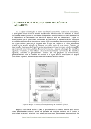 3 Controle do crescimento
Marcelo Pompêo. Monitoramento e manejo de macrófitas aquáticas em reservatórios tropicais brasileiros. 25
3 CONTROLE DO CRESCIMENTO DE MACRÓFITAS
AQUÁTICAS
Ao se deparar com situações de intenso crescimento de macrófitas aquáticas em reservatórios,
o grupo gestor deverá discutir as diversas possibilidades para solucionar esse problema. A solução
inicialmente adotada poderá ser unicamente acompanhar o desenvolvimento do banco para verificar
a continuidade do crescimento das macrófitas aquáticas e/ou sua estabilização (Figura 6).
Posteriormente, ao ser observada a continuidade do crescimento ou a exacerbação dos problemas
secundários originados desse intenso crescimento, há de empreender ações que permitam estabilizar
ou mesmo reduzir o aumento da biomassa, além de atos que contornem os efeitos secundários
originários do grande acúmulo de biomassa em dado ponto do reservatório. Portanto, em
determinadas situações será obrigatório aplicar ações de controle que permitam interferir no padrão
de crescimento observado e, de fato, diminuir a biomassa e a área de colonização das macrófitas
aquáticas. No entanto, o mais indicado será avaliar rotineiramente o crescimento das macrófitas
aquáticas, conforme os procedimentos descritos em um programa de monitoramento,
preferencialmente com as tomadas de decisões e as ações práticas antecedendo ao próprio
crescimento explosivo, minimizando os impactos diversos e os custos futuros.
Figura 6 – Etapas na tomada de decisão do manejo de macrófitas aquáticas.
Segundo Straškraba & Tundisi (2000), os procedimentos de controle, definido pelos autores
como gerenciamento corretivo, podem ser aplicados em situações extremas, isto é, quando o
reservatório se encontra infestado. Esses autores discutem que o gerenciamento preventivo tem, em
 