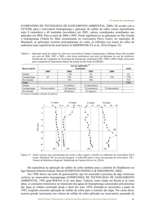 3 Controle do crescimento
Marcelo Pompêo. Monitoramento e manejo de macrófitas aquáticas em reservatórios tropicais brasileiros. 41
(COMPANHIA DE TECNOLOGIA DE SANEAMENTO AMBIENTAL, 2006). De acordo com a
CETESB, para a reservatório Guarapiranga a aplicação de sulfato de cobre variou mensalmente
entre 8 (setembro) e 49 toneladas (novembro) em 2005, valores considerados semelhantes aos
aplicados em 2004. Para os anos de 2006 e 2007, foram significativas as aplicações no Rio Grande
e Guarapiranga (Tabela 8). Mais recentemente no reservatório Paiva Castro, no município de
Mairiporã, as aplicações ocorrem principalmente no verão, já refletidos nos teores de cobre do
sedimento mais superficial do reservatório (CARDOSO-SILVA et al., 2016) (Figura 12).
Tabela 8 – Aplicação anual de sulfato de cobre nos reservatórios Jundiaí, Guarapiranga e Billings (braço Rio Grande)
nos anos de 2006, 2007 e 2008 e mês (entre parênteses) com pico de aplicação no ano de referência.
Modificado de Companhia de Tecnologia de Saneamento Ambiental (2007, 2008 e 2009). Dados fornecidos
pela Companhia de Saneamento Básico do Estado de São Paulo (SABESP).
Reservatório
Ano de aplicação (*)
Toneladas total
2005 2006 2007 2008
Jundiaí < 20 42 62
Guarapiranga 49 350 440 350 1189
Rio Grande 150 360 510
Total 1761
Jundiaí 5 (outubro) 16 (dezembro)
Guarapiranga 49 (novembro) > 60 (janeiro) 76 (setembro) 70 (dezembro)
Rio Grande 44 (março) 62 (agosto)
(*) valores estimados, retirados de gráficos.
Figura 12 – Perfis verticais das concentrações de cromo, cobre, níquel e chumbo no sedimento do reservatório Paiva
Castro, Mairiporã, SP, na zona da barragem. A linha OR indica o início da operação do reservatório. VR –
Valores de Referência Regional. Modificado de Cardoso-Silva et al. (2016).
Há experiência na aplicação de sulfato de cobre também para o controle do fitoplâncton no
lago Paranoá (Distrito Federal, Brasil) (PADOVESI-FONSECA & PHILOMENO, 2004).
Em 1990, houve um surto de gastroenterite, que foi associado à presença da alga Anabaena
solitária no reservatório Guarapiranga (COMPANHIA DE TECNOLOGIA DE SANEAMENTO
AMBIENTAL, 1992 apud ROCHA et al, sem data). Todavia, como citado em Rocha et al. (sem
data), os constantes transtornos no tratamento das águas do Guarapiranga ocasionados pela presença
das algas já vinham ocorrendo desde o final dos anos 1970, tornando-se recorrentes a partir de
1992, exigindo crescente aplicação de sulfato de cobre para o controle das algas. Por causa disso,
ocorreu grande incremento nos valores de sulfato de cobre aplicados no reservatório, passando de
 