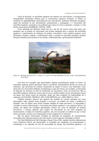 4 Algumas experiências brasileiras
Marcelo Pompêo Monitoramento e manejo de macrófitas aquáticas em reservatórios tropicais brasileiros. 57
Como já discutido, as macrófitas aquáticas são naturais nos reservatórios e ecologicamente
desempenham importantes funções para os ecossistemas aquáticos (Capítulo 1). Porém, as
condições de degradabilidade, particularmente dos reservatórios, ambientes altamente manejados,
sejam por poluição ou por assoreamento, potencializam a propagação e o crescimento das
macrófitas aquáticas, tornando-se um problema que coloca em check a operação, o manejo e a vida
útil dos reservatórios (BARBOSA; GENTIL, 2009).
Como apontado por Barbosa; Gentil (op cit.), não há um recurso único para tratar esse
problema, que só poderá ser solucionado com manejo integrado para o controle das macrófitas
aquáticas e conhecimento da dinâmica do próprio reservatório, como também proposto neste
documento. Portanto, ampliar o conhecimento sobre a ecologia de macrófitas aquáticas tropicais
fornecerá subsídios para auxiliar no seu manejo, colaborando para o gerenciamento ambiental.
Figura 19 - Remoção mecânica de E. crassipes e P. repens na Usina Hidrelétrica de Jirau. Fonte: Usina Hidrelétrica
Jirau (2014).
Com base nos exemplos aqui apresentados, algumas generalizações podem ser feitas. As
macrófitas aquáticas podem apresentar intenso crescimento, principalmente devido ao excesso de
nutrientes, seja decorrente do contínuo lançamento do esgoto in natura, sem tratamento, como
observado nos reservatórios Billings, Guarapiranga e Lago das Garças, por exemplo, ou decorrente
da liberação de nutrientes na fase de enchimento do reservatório, como em Curuá-Una. Mas as
macrófitas aquáticas submersas, como a Egeria densa, também podem crescer intensamente mesmo
em águas com baixos teores de nutrientes, desde que haja condições de luminosidade até o
sedimento (TAVECHIO; THOMAZ, 2003; NASCIMENTO et al., 2008; HIRATA, 2011).
Também podemos observar que algumas das medidas de controle aplicadas nos casos
apresentados neste capítulo foram tomadas a posteriore, na tentativa de conter o problema já
instalado, mas em alguns casos foram tomadas medidas de modo preventivo, se antecipando e
evitando ou mesmo minimizando o crescimento das plantas aquáticas e seus impactos futuros. No
entanto, em alguns dos exemplos apresentados, mesmo nos casos da aplicação de medidas
preventivas, o manejo aplicado nem sempre foi proveniente de um claro programa de
monitoramento e manejo de macrófitas aquáticas, mas sim executado na medida em que os fatos
foram ocorrendo e muitas vezes empregando os meios disponíveis no momento.
Mas há alguns interessantes exemplos da aplicação de programas de monitoramento
executados pelas empresas gestoras dos reservatórios ou por empresas contratadas no Brasil.
Na Usina Hidrelétrica de São Domingos (Águas Claras, MS), segundo relatório elaborado por
Terra Ambiental (2014), são apresentados os resultados das campanhas de monitoramento, a
metodologia a ser aplicada em caso da necessidade do manejo das macrófitas aquáticas e os
 