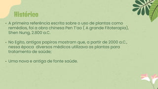 Histórico
• A primeira referência escrita sobre o uso de plantas como
remédios, foi a obra chinesa Pen T’ao ( A grande Fitoterapia),
Shen Nung, 2.800 a.C.
• No Egito, antigos papiros mostram que, a partir de 2000 a.C.,
nessa época diversos médicos utilizava as plantas para
tratamento de saúde;
• Uma nova e antiga de fonte saúde.
 