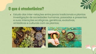 ● Estudo das inter-relações entre povos tradicionais e plantas
Investigação de sociedades humanas, passadas e presentes
e suas interações ecológicas, genéticas, evolutivas,
simbólicas e culturais com as plantas;
O que é etnobotânica?
 