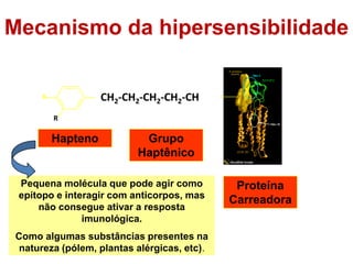 Mecanismo da hipersensibilidade
Proteína
Carreadora
Hapteno Grupo
Haptênico
R
R
CH2-CH2-CH2-CH2-CH
Pequena molécula que po...