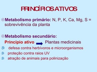 PRINCÍPIOS ATIVOS Metabolismo primário:  N, P, K, Ca, Mg, S = sobrevivência da planta Metabolismo secundário: Princípio ativo   Plantas medicinais defesa contra herbívoros e microorganismos proteção contra raios UV atração de animais para polinização 