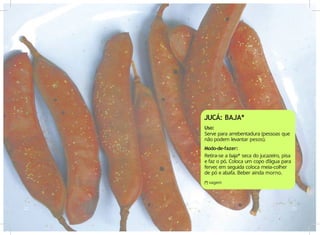 Uso:
Serve para arrebentadura (pessoas que
não podem levantar pesos).
Modo-de-fazer:
Retira-se a baja* seca do jucazeiro, pisa
e faz o pó. Coloca um copo d’água para
ferver
, em seguida coloca meia-colher
de pó e abafa. Beber ainda morno.
(*) vagem
22 23
JUCÁ: BAJA*
 