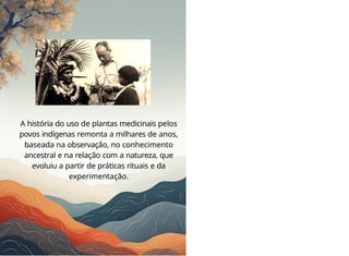 A história do uso de plantas medicinais pelos
povos indígenas remonta a milhares de anos,
baseada na observação, no conhecimento
ancestral e na relação com a natureza, que
evoluiu a partir de práticas rituais e da
experimentação.
 