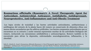 Rosmarinus officinalis (Rosemary): A Novel Therapeutic Agent for
Antioxidant, Antimicrobial, Anticancer, Antidiabetic, Antidepressant,
Neuroprotective, Anti-Inflammatory and Anti-Obesity Treatment
Los bajos niveles de toxicidad y las fuertes actividades antioxidantes, antibacterianas y
antifúngicas del extracto de la planta hacen del romero un conservante de alimentos eficaz con
menos efectos secundarios que los aditivos artificiales. Los fuertes compuestos antioxidantes que se
encuentran en su extracto y aceite esencial representan muchas de las actividades biológicas del
romero, incluyendo sus mecanismos antidiabéticos y anticancerígenos. Romero también se ha
encontrado para aliviar la depresión, enfermedades neurodegenerativas, inflamación, y la
obesidad.
Rafie H., Soheila H., Grant E. Rosmarinus officinalis (Rosemary): A Novel Therapeutic Agent for Antioxidant, Antimicrobial, Anticancer,
Antidiabetic, Antidepressant, Neuroprotective, Anti-Inflammatory and Anti-Obesity Treatment. Herbal Medicine. [Internet]. 2017.
Disponible en: http://herbal-medicine.imedpub.com/rosmarinus-officinalis-rosemary-a-novel-therapeutic-agent-for-antioxidant-
antimicrobial-anticancer-antidiabetic-antidepressant-neu.php?aid=20651
 