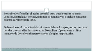 Por sobredosificación, el aceite esencial puro puede causar náuseas,
vómitos, gastralgias, vértigo, fenómenos convulsivos e incluso coma por
colapso cardiorrespiratorio.
Debe evitarse el contacto del aceite esencial con los ojos y otras mucosas,
heridas o zonas dérmicas alteradas. No aplicar tópicamente a niños
menores de dos años ni a personas con alergias respiratorias.
Tránsito L. Tomillo. Offarm [Internet]. 2006; 25(1): 74-77. Disponible en: https://www.elsevier.es/es-revista-offarm-4-articulo-tomillo-13083626
 