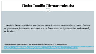 Título: Tomillo (Thymus vulgaris)
Conclusión: El tomillo es un arbusto aromático con intenso olor a timol, florece
en primavera, inmunoestimulante, antiinflamatorio, antiparasitario, anticatarral,
antitusivo.
Gimeno J. Tomillo (Thymus vulgaris L.). 2001. Medicina Naturista [Internet], (3): 173-175. Disponible en:
https://www.google.com/url?sa=t&rct=j&q=&esrc=s&source=web&cd=4&ved=2ahUKEwjh8ubjpq_nAhWEGc0KHaozAc4QFjADegQIAxAB&url=h
ttps%3A%2F%2Fdialnet.unirioja.es%2Fdescarga%2Farticulo%2F202456.pdf&usg=AOvVaw0B07qkWWJ7cJz5o8ulJ1Wy
 