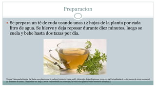 Preparacion
 Se prepara un té de ruda usando unas 12 hojas de la planta por cada
litro de agua. Se hierve y deja reposar durante diez minutos, luego se
cuela y bebe hasta dos tazas por día.
Teresa Valenzuela Garcia. La Ruda una planta que la rodea el misterio [sede web]. Alejandro Rojas Espinoza; 2019-03-14 [Actualizada el 14 de marzo de 2019; acceso el
31 de enero de 2020] Disponible en: http://www.radiorebelde.cu/consejos/la-ruda-una-planta-rodea-misterio-20190314/
 