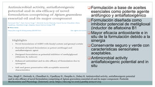Formulación a base de aceites
esenciales como potente agente
antifúngico y antiaflatoxigénico
Formulación diseñada como
inhibidor potencial de metilglioxal
(inductor de aflatoxina B1
Mayor eficacia antioxidante e in
situ de la formulación debido a la
sinergia
Conservante seguro y verde con
características sensoriales
aceptables.
Antimicrobial activity
antiaflatoxigenic potential and in
situ
Das., Singh V., Dwivedy A., Chaudhari A., Upadhyay N., Deepika A., Dubey K. Antimicrobial activity, antiaflatoxigenic potential
and in situ efficacy of novel formulation comprising of Apium graveolens essential oil and its major component. Pesticide
Biochemistry and Physiology. [Internet]. 2019. https://doi.org/10.1016/j.pestbp.2019.07.013
 