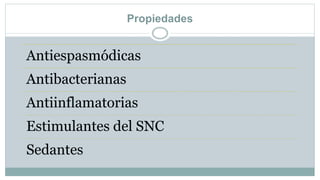 Propiedades
Antiespasmódicas
Antibacterianas
Antiinflamatorias
Estimulantes del SNC
Sedantes
 