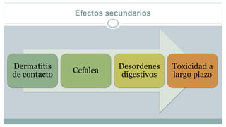 Efectos secundarios
Dermatitis
de contacto
Cefalea
Desordenes
digestivos
Toxicidad a
largo plazo
 