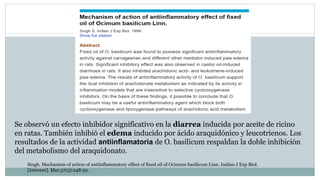 Se observó un efecto inhibidor significativo en la diarrea inducida por aceite de ricino
en ratas. También inhibió el edema inducido por ácido araquidónico y leucotrienos. Los
resultados de la actividad antiinflamatoria de O. basilicum respaldan la doble inhibición
del metabolismo del araquidonato.
Singh. Mechanism of action of antiinflammatory effect of fixed oil of Ocimum basilicum Linn. Indian J Exp Biol.
[Internet]. Mar;37(3):248-52.
 