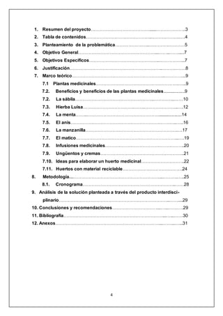 4
1. Resumen del proyecto…………………………………......………………..3
2. Tabla de contenidos……………………………………..……………….….4
3. Planteamiento de la problemática…………………..……………………5
4. Objetivo General……………………………………………...……..…….....7
5. Objetivos Específicos………………………………………..……………...7
6. Justificación……………………………………………………..…………….8
7. Marco teórico……………………………………………………..…………...9
7.1 Plantas medicinales……………………………………………….…...9
7.2. Beneficios y beneficios de las plantas medicinales..................9
7.2. La sábila……………………………………………..…………..……10
7.3. Hierba Luisa…………………………….…….…………………..….12
7.4. La menta……..…………………………………………...................14
7.5. El anís……………………………………………………………..…..16
7.6. La manzanilla…………………………………………………….….17
7.7. El matico…………………………………………………………...….19
7.8. Infusiones medicinales……………………………………………..20
7.9. Ungüentos y cremas………………………………………………..21
7.10. Ideas para elaborar un huerto medicinal………………………..22
7.11. Huertos con material reciclable………………………………….24
8. Metodología……………………………………………………...……….…..25
8.1. Cronograma……………………………………………………..……28
9. Análisis de la solución planteada a través del producto interdisci-
plinario………………………………………………………………..……....29
10. Conclusiones y recomendaciones…………………………...…...……….29
11. Bibliografía…………………………………………………………...…...……30
12. Anexos……………………………………………………………...……...…...31
 